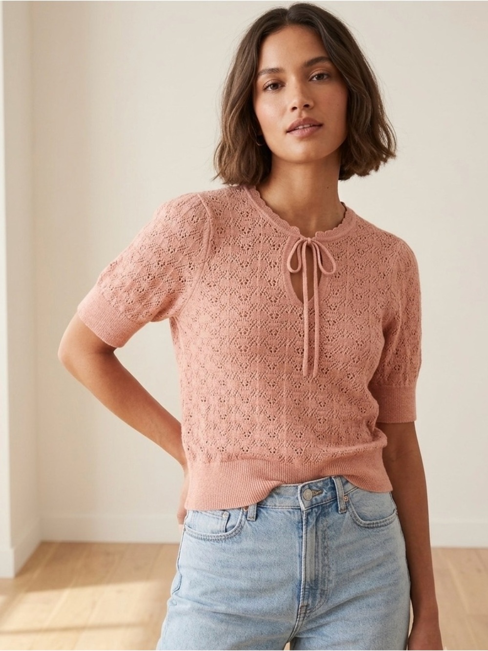 Old Navy Women's Lurex Pointelle Knit Keyhole Neck Top, Dust Peach, Size Large